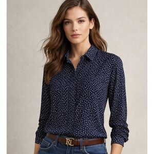 Garnet Hill Silk Polka Dot Button Down Long Sleeve Blouse in Navy Blue and White